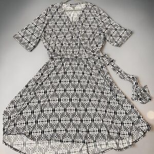 Avenue Plus Size 30 32 Faux Wrap Dress Black White Damask Medallion Midi Stretch
